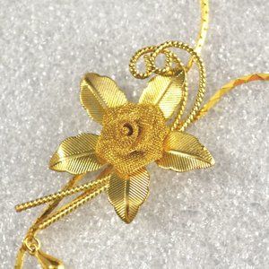 Vintage Mesh Rose Flower w/ Leaves Lariat Necklace Pendant in Gold Tone